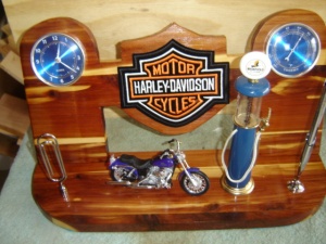 Harley Davisdson Desk Set with Clock-Thermometer-Note Clip-Pen -Vintage View Gas Pump and Harley Davidcson Motor Cycle